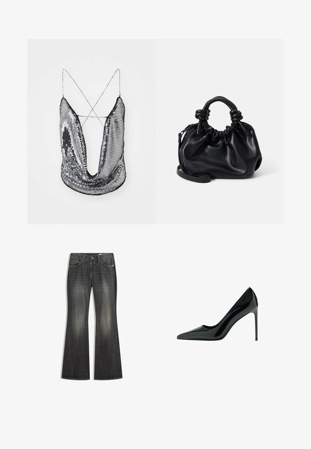 Silver sequin top with deep V-neck and crisscross chain straps; features a shiny, reflective surface and draped fabric design.; Flared dark wash denim jeans with a slight fade, five pockets, and contrast stitching, featuring a standard button and zipper closure.; Black patent leather stiletto heel pump with a pointed toe and smooth, shiny texture; tall, slender heel; minimalistic design.; Black leather handbag with a gathered design, short rounded handles, and a detachable shoulder strap. Smooth texture with a soft silhouette.