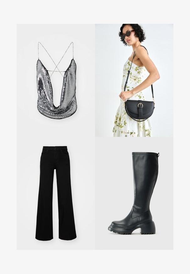 Sølv paljett topp med dyp V-hals og kryssede kjedereimer; har en blank, reflekterende overflate og drapert stoffdesign.; Svart vide bukser laget av denim, med en strukturert midjebånd, beltestropper og frontlommer. Glatt tekstur med et klassisk design.; Høy svart lærstøvel med chunky plattformsåle og blokkhelt, med trekkstang og teksturert mønster på yttersålen.; Svart lærveske med en buet form, avtagbar stropp og gullbeslag. Vesken har et klaff med spenne-detall.