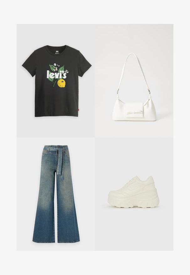 Fekete pamut póló citrom grafikával, fehér szöveggel "levi's" felirattal és zöld, fehér virágos díszítésekkel. Rövid ujjú, kerek nyakú.; Bőszárú farmernadrág, világos és sötétkék árnyalatokkal, magas derekú, övgyűrűkkel és a nadrággal megegyező anyagú övvel. Textúrált farmer kivitel.; Fehér platform sportcipők, sima bőrszerű felsőrésszel, kerek formával, párnázott bokával és texturált gumitalppal, jól definiált mintázattal.; Fehér szintetikus kézitáska, háromszög alakú, lapos előlap, masni részlettel, állítható pánttal, sima textúrával és minimalista dizájnnal.