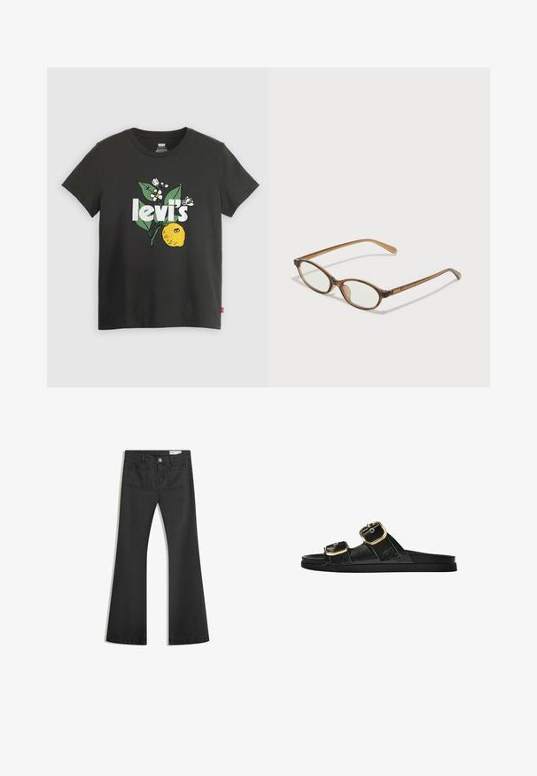 Zwarte katoenen T-shirt met een citroenen graphic, witte tekst met "levi's" en bloemenaccenten in groen en wit. Korte mouwen, ronde hals.; Zwarte flared jeans van denim met een gladde textuur, voorzien van twee achterzakken en een knoopsluiting bij de taille.; Zwarte slipper met twee gouden gesps, gladde textuur, platte zool en een minimalistisch ontwerp.; Bruine schildpadbril met ovale lenzen, dunne armen en transparante accenten. Heeft een subtiele logo op de tempel. Strak, lichtgewicht ontwerp.
