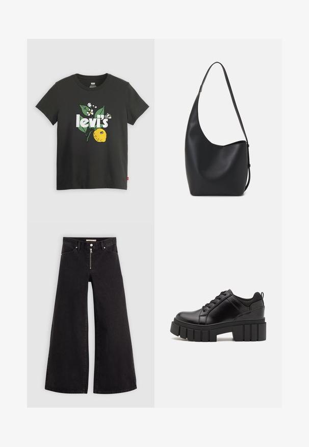 Must t-särk mustast puuvillast, millel on sidruni graafika, valged kirjad "levi's" ja rohelised ning valged lilleaktsendid. Lühikesed varrukad, ümar kaelus.; Laiad teksad mustast denimist, millel on lukuga eesmine osa, viie taskuga disain ja peened õmblusdetailid. Sile tekstuur ja juhuslik stiil.; Must musta platvormsussid paksu plokkninal, ümmarguse varbaga ja traditsioonilise nööridega kinnitamisega. Sussid on sileda tekstuuriga ja minimaalsete detailidega.; Mustast nahast hobo kott, millel on sile tekstuur, kumer kuju ja üks reguleeritav rihm; peal on lai avaus.