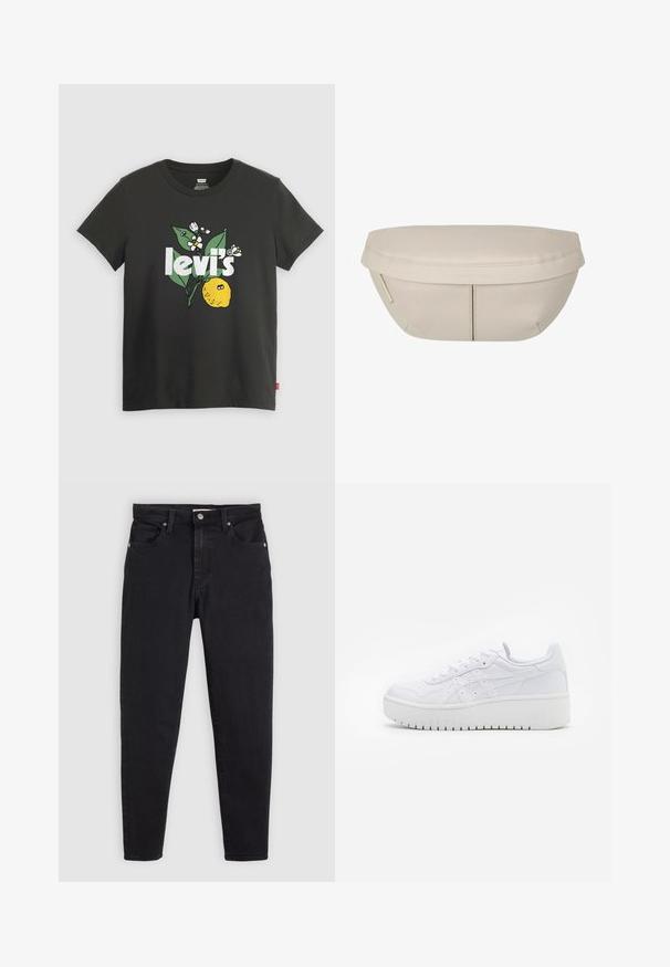 Mustat puuvillapaitat, joissa on sitruuna grafiikka, valkoiset tekstit "levi's" ja kukkakoristeet vihreinä ja valkoisina. Lyhyet hihat, pyöreä kaula-aukko.; Mustat slim-fit-farkut, joissa on nappi- ja vetoketjukiinnitys, viisi taskua ja vyölenkit vaaleanharmaalla taustalla.; Valkoiset platofom-nikeet, joissa on sileä nahkapinta, reikiin leikattu yksityiskohta ja litteät nauhat; paksu valkoinen kumipohja.; Beige kangaskotelo, jolla on pyöreä muoto, litteä yläosa ja hienovaraisia sauman yksityiskohtia. Mukana minimaalinen logo ja sivuhihna.
