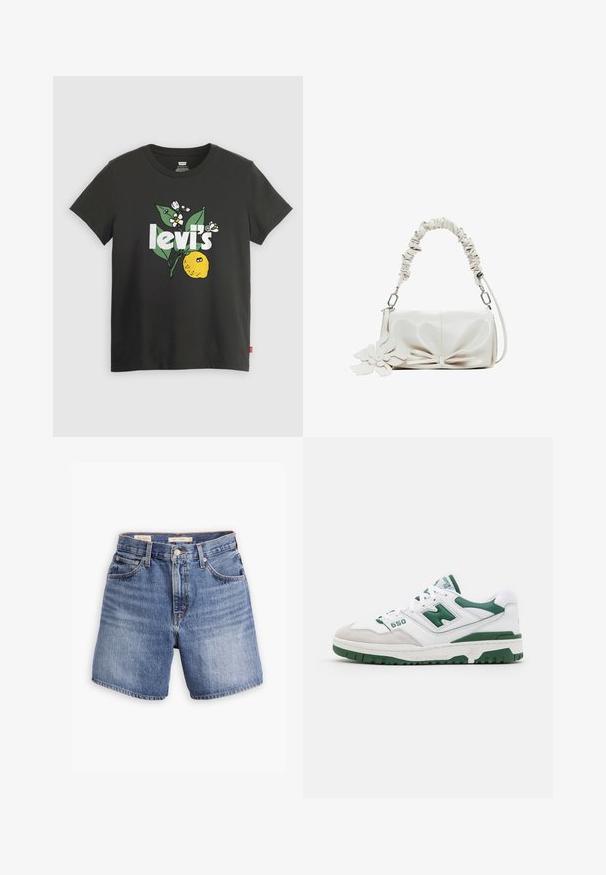 Czarna bawełniana koszulka z grafiką cytryny, białym napisem "levi's" oraz kwiatowymi akcentami w kolorze zielonym i białym. Krótkie rękawy, okrągły dekolt.; Szorty dżinsowe w średnim niebieskim kolorze, z klasycznym pięciopocketowym designem, z zapięciem na guzik i prostym krojem nogawek. Delikatne wyblaknięcia na całej powierzchni.; Białe buty sportowe z zielonymi akcentami, teksturowana skóra i zamsz, perforowane detale, wyściełany kołnierz i gumowa podeszwa. Numer modelu 550.; Biała skórzana torba na ramię z marszczoną rączką, kokardą z przodu i kwiatowym akcentem przymocowanym do torby. Gładka tekstura i prostokątny kształt.