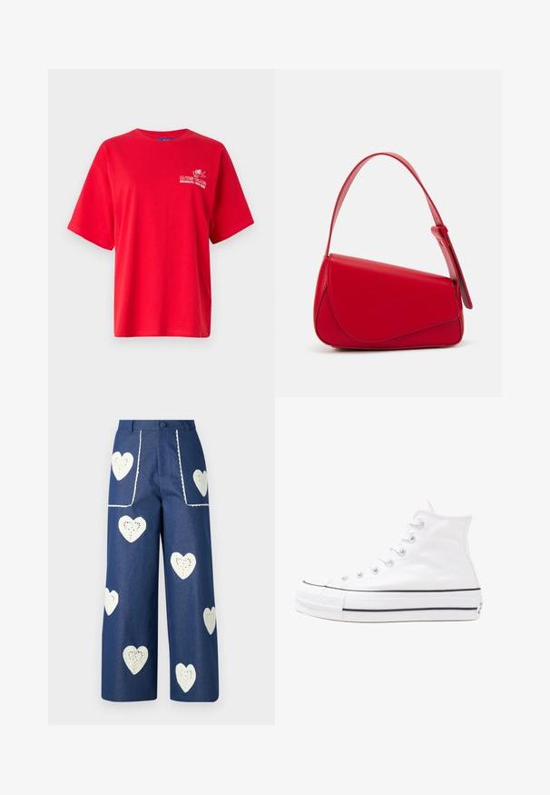 Raudona medvilninė marškinė su trumpomis rankovėmis, turinti apvalų iškirpimą ir baltą siuvinėtą tekstą bei dizainą kairėje krūtinės pusėje.; Sister Jane HEART TO HEART - Tiesaus kirpimo džinsai - blue denim; Balti aukštakulniai drobės sportbačiai su juodu guminio pado, priekinio guminio piršto dangteliu ir šešiais akytėmis raištams, pasižymintys švariu, minimalistiniu dizainu.; Raudona odinė rankinė su kampuota, geometrine forma. Pasižymi viena reguliuojama dirželiu ir dangteliu su siuvinėtais dekoracijomis.