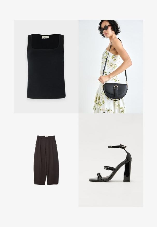 Črna brezrokavnik s kvadratnim izrezom, izdelan iz gladkega blaga. Preprost dizajn brez vidnih vzorcev ali poudarkov.; Črne široke hlače iz gladkega materiala, z visokim pasom, zgornjimi pregibi in stranskimi žepi. Preprost dizajn brez okrasnih elementov.; Črne lakaste sandale z visokimi petami, z dvema trakovoma z zaponkama, kvadratnim sprednjim delom in masivno širšo peto, z gladko, sijočo teksturo.; Črna usnjena torbica s ukrivljeno obliko, z odstranljivo naramnico in zlatimi dodatki. Torbica ima pokrov s podrobnostmi v obliki zaponke.