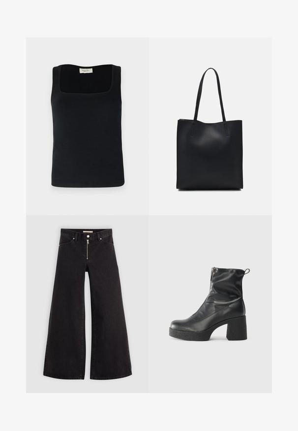 Juoda be rankovių maikutė su kvadratiniu iškirpimu, pagaminta iš lygaus audinio. Paprasta dizaino, be matomų raštų ar akcentų.; Plačios kojų džinsai iš juodo džinsinio audinio su užtrauktuku priekyje, penkių kišenių dizainu ir subtiliais siuvinėjimo akcentais. Lygus paviršius ir laisvalaikio stilius.; Juodos kulkšninių botai, pagaminti iš lygaus odos, su šoniniu užtrauktuku, masyviu tekstūruotu kulnu ir apvaliu pirštu.; Juodas odinis tote krepšys su lygia tekstūra, stačiakampio formos ir dviem ilgais rankenomis. Matomų metalinių detalių ar puošybos nėra.