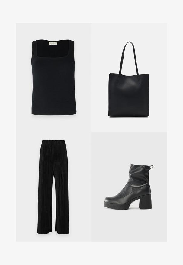 Camisola sem mangas preta com decote quadrado, feita de um tecido suave. Design simples, sem padrões ou detalhes visíveis.; Calças pregueadas pretas com uma cintura elástica. Apresentam pernas largas e um tecido liso, texturizado com riscas verticais.; Botas de tornozelo pretas feitas de couro liso, com fecho lateral, salto grosso texturizado e design de bico arredondado.; Bolsa tote preta em couro com textura lisa, forma retangular e duas alças longas. Sem hardware ou enfeites visíveis.