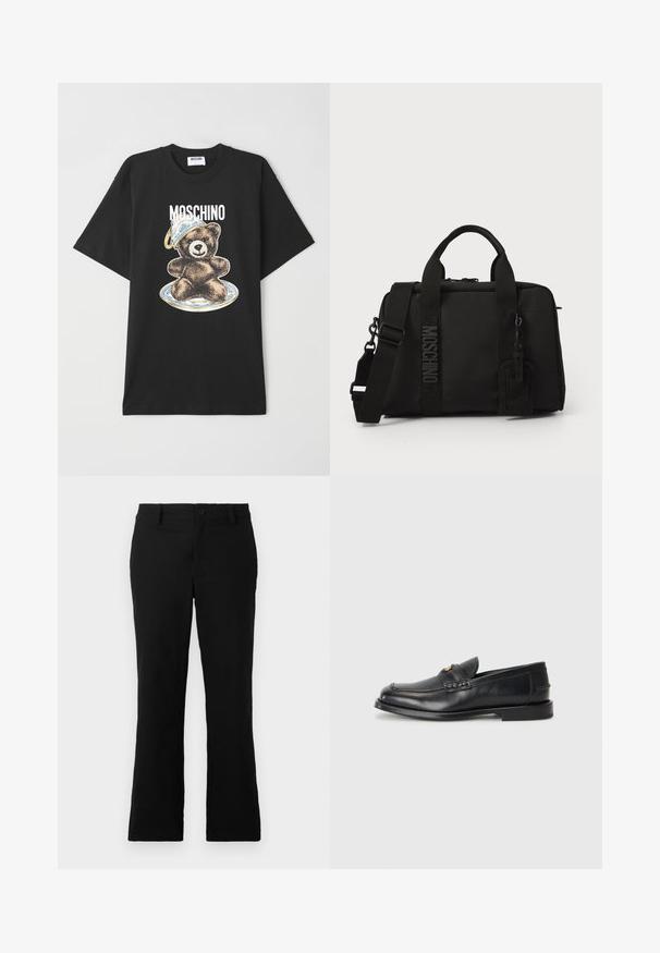 Čierne bavlnené tričko s grafickým dizajnom medveďa v modro-bielej čiapke, s textom "Moschino" nad dizajnom. Krátke rukávy, voľný strih.; Čierne rozšírené nohavice z bavlnenej zmesi, s gombíkovým zapínaním, pútkami na opasok a hladkým povrchom bez viditeľných vzorov.; Čierne kožené mokasíny majú zaoblenú špičku, prešívané detaily a malý zlatý akcent na prednej strane. Podrážka je plochá a nenápadná.; Čierna textilná taška s dvojitými uchami a odnímateľným ramenným popruhom. Obsahuje vstavané logo a koženú visačku. Hladká textúra, obdĺžnikový tvar.