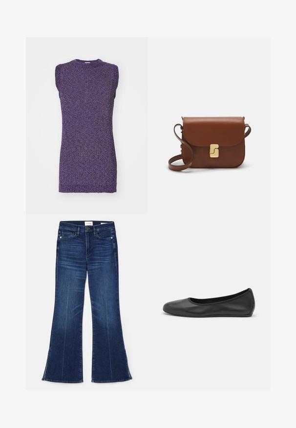 Lila ujjatlan pulóver texturált kötött mintával és kerek nyakkivágással. Az anyag lágy és enyhén rugalmas.; Sötétkék, trapéz fazonú farmernadrág, amelyek denim anyagból készültek. Magas derekú, elöl zsebekkel és részekkel a szegésnél. Klasszikus, öt zsebes kialakítás.; Fekete bőr balettcipő lekerekített orral, sima tekstúrával, minimális varrással és rugalmas talp kialakítással.; Barna bőr kézitáska, hajtókás zárással, arany színű fém kiegészítőkkel, vállpánttal és sima felülettel. Kompakt téglalap alakú.