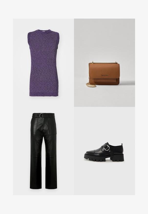 Fialová bezrukávová sveter s textúrovaným úpletovým vzorom a zaobleným výstrihom. Tkanina vyzerá mäkká a mierne elastická.; Vysoké čierne kožené nohavice s širokými nohavicami, veľkými prednými vreckami a zodpovedajúcim opaskom s dvojitým krúžkovým sponou.; Čierne kožené topánky s hrubou, rebrovanou podrážkou, vyznačujúce sa okrúhlou striebornou kovovou ozdobou a minimálnym prešívaním.; Hnedá textúrovaná kožená taška cez telo s zlatým reťazovým popruhom a preklopným uzáverom. Predná strana obsahuje detail s logom a vrecko pod preklopkou.