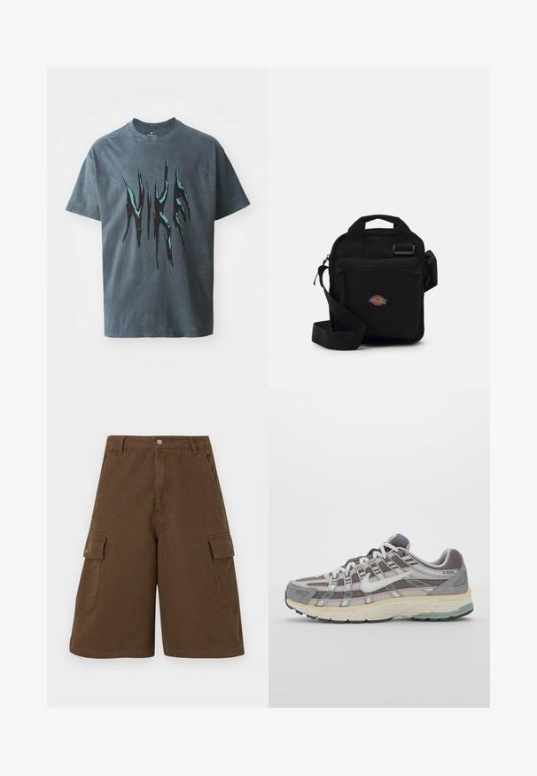 Mörkgrå bomullströja med en avslappnad passform. Har en djärv, förvrängd svart och teal "Nike" logotypdesign över framsidan. Korta ärmar.; Bruna cargoshorts med rak skärning, två sidofickor och en framknäppning. Tillverkade av hållbart bomullstyg med en matt finish.; Grå atletiska sko med en överdel av mesh och mocka, vita accenter, en vadderad sula och en unik design med reflekterande element.; Svart tvärs över kroppen-väska med ett dragkedjefack, rektangulär form, tillverkad av tyg, med en logotypapplikation på framsidan, justerbar axelrem.