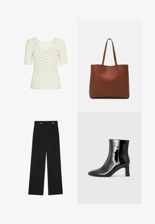 Cream-colored top with short puff sleeves, featuring a scoop neckline and a ribbed texture, adorned with small brown polka dots.; Black wide-leg trousers with high waist, button details on waistband, and front pleats.; Black patent leather ankle boot with a pointed toe and a mid-height block heel. Smooth texture and minimalist design.; Brown leather tote bag with a smooth texture, open top design, and two shoulder straps. Features minimal stitching and no visible hardware.