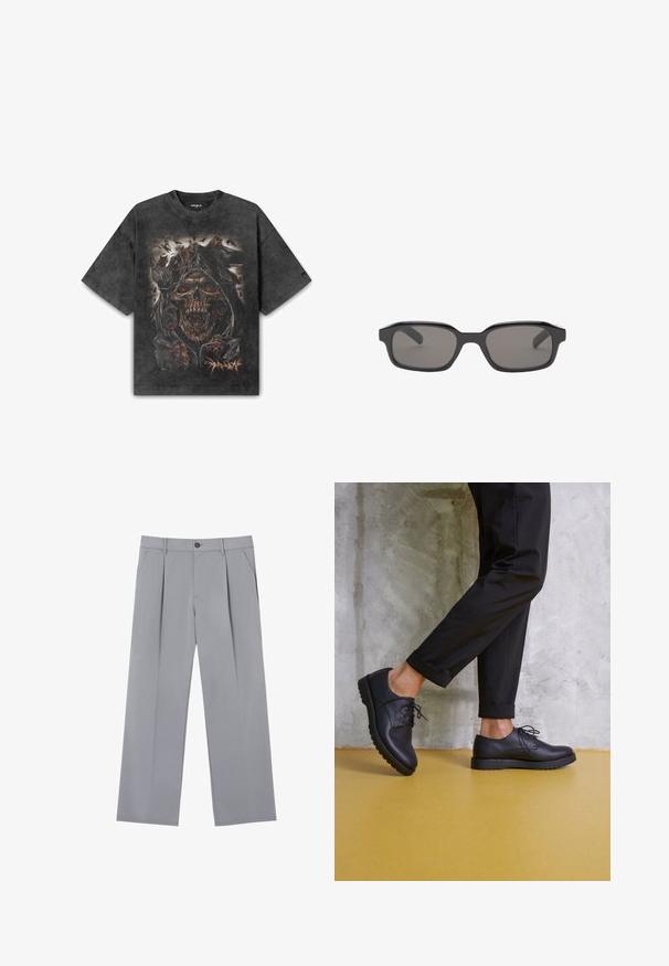 Crna oversized pamučna majica s detaljnim prikazom lubanje sa vatrenim očima, okružena tamnim figurama i motivima pauka.; Sive plisirane hlače s opuštenim krojem, izrađene od lagane tkanine. Imaju prednje džepove i kopčanje na dugme u struku.; Crne kožne cipele sa vezicama, zaobljenim vrhom i teksturiranim gumenim potplatom. Nošene uz kratke crne hlače, na betonskoj podlozi.; Crne pravokutne sunčane naočale s tamno sivim lećama, s debelim plastičnim okvirom i glatkom teksturom. Nema vidljivog brendiranja.