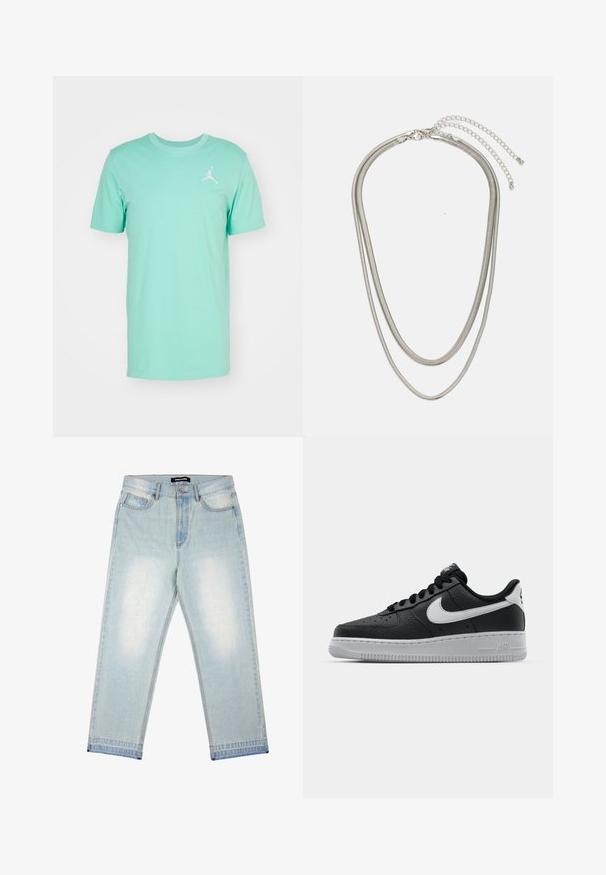 Jordan JUMPMAN CREW - T-shirt basic - emerald rise/(white); Pegador BARROW - Jeans loose fit - sand washed blue; Sneaker in pelle nera con superficie texture, baffo Nike bianco, suola grigia, punta rotonda e design con lacci. Presenta delle perforazioni sulla punta.; Collana in metallo argentato a tre strati caratterizzata da catene sottili e flessibili con una leggera lucentezza, fissata con un gancio a molla e una catena regolabile.
