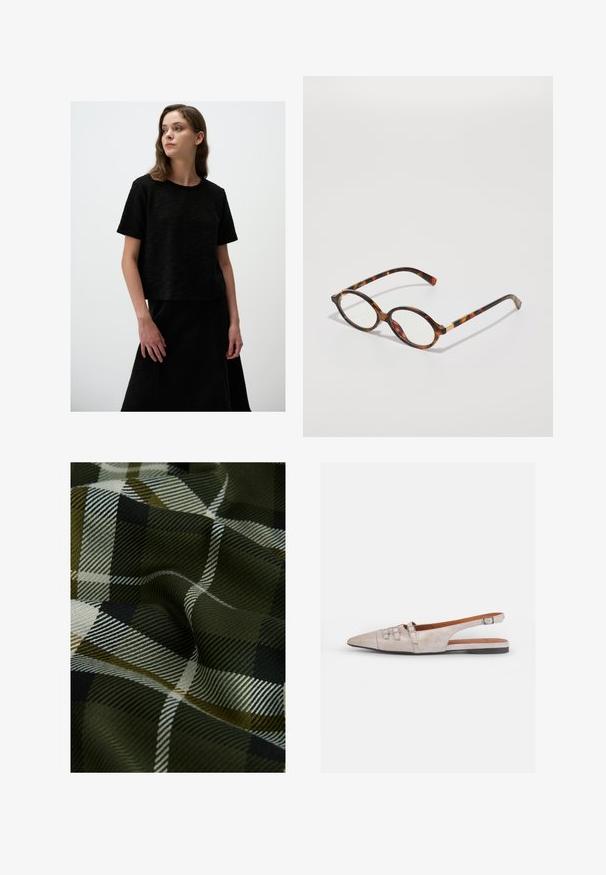 Zwarte textuur crop top met korte mouwen en een ronde halslijn, gecombineerd met een bijpassende zwarte rok. Eenvoudige, strakke lijnen en minimalistisch ontwerp.; Gevlochten geruite stof in donker groen, zwart en wit. De textuur is glad met een zachte, geprinte afwerking.; Lichtbeige slingback schoen met een spitse neus, een zachte suède textuur, voorzien van twee decoratieve gespen en een lage, platte hak.; schildpadbril met ovale monturen, heldere lenzen en gouden accenten. Bevat gebogen pootjes en een gladde, glanzende afwerking.; COACH BROOKLYN SHOULDER BAG 23 - Handtas - maple