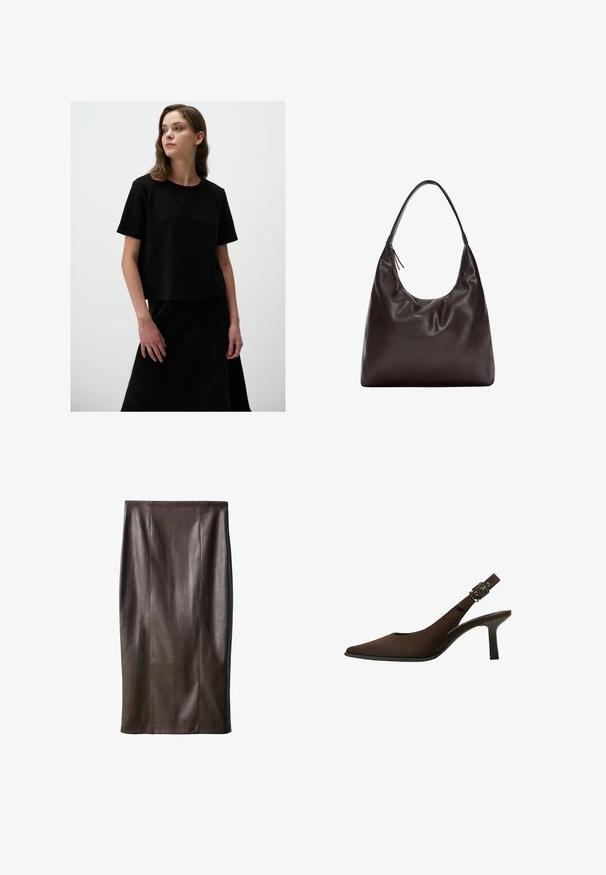 Top corto nero texturizzato con maniche corte e scollatura rotonda, abbinato a una gonna nera coordinata. Linee semplici e pulite e design minimalista.; Gonna a matita in pelle marrone con una texture liscia, lunga fino al ginocchio, caratterizzata da cuciture verticali per il design. Senza accessori o dettagli aggiuntivi.; Décolleté in suede marrone con punta affusolata, design elegante, tacco sottile e dettaglio con fibbia sul cinturino alla caviglia.; Borsa a spalla in pelle marrone con un design morbido e slouchy. La borsa presenta una tracolla ampia e una forma minimalistica, completata da una texture sottile.