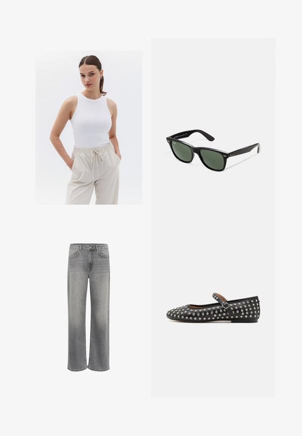 Witte geribde tanktop met een ronde halslijn, gecombineerd met beige broeken met elastische tailleband en zijzakken.; Grijze denim wijdvallende jeans met een hoge taille, vijf zakken, een sluiting met een knoop aan de voorkant en subtiele vervaging op de stof.; Zwarte leren ballerina met een ronde neus, voorzien van een bandje en zilverkleurige studs die gelijkmatig over het bovenwerk zijn verspreid.; Zwarte plastic zonnebril met groene lenzen, vierkante montuur, zilveren accent op de wenkbrauw en een gestructureerde tempel. Merken vermeld op de binnenkant van de arm.; Zwarte synthetische handtas met een gebogen vorm, zilveren kettingriem, ritsluiting en een reliëf logo van het merk op de voorkant. Gladde textuur.