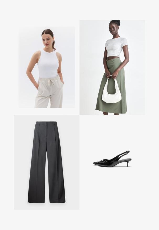 Vit ribbad linne med rund halsringning, kombinerad med byxor med elastisk midja i beige som har sidofickor.; Vida byxor i mörkgrått tyg, med hög midja, enkla veck och en mjuk yta med en ren finish vid fållen.; Svarta läder slingback klackar med spetsig tå, liten kittenklack och en dekorativ knutdetalj på framsidan. Slät textur hela vägen.; Grå ribbad crop top och olivgrön högmidjad kjol. Modellen håller en vit axelremsväska med utskärningar. Enkelt design, tight passform.