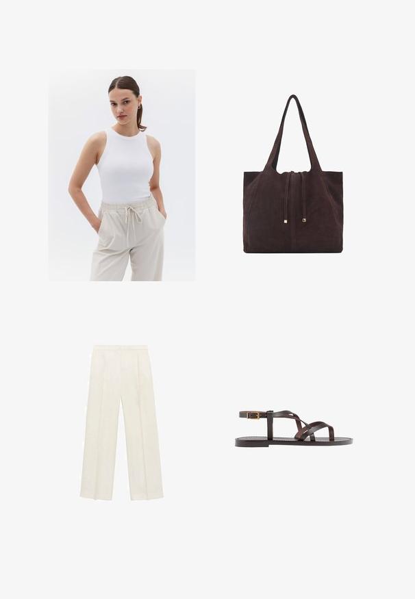 White ribbed tank top with a round neckline, paired with beige elastic waistband trousers featuring side pockets.; Wide-legged trousers in a light cream color. Made from a smooth fabric with pleats at the front and side pockets.; Brown leather sandal featuring crisscross straps, an ankle buckle closure, and a flat sole with minimal stitching details.; Mango Tote bag - dark brown