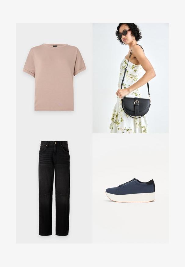 Trumpas rankovės, apvalios iškirptės marškinėliai, pagaminti iš švelnaus, lengvo audinio pastelinių rožinių spalvų. Savybės: suktos rankovės ir tiesus apvadas.; Juodos džinsai su tiesiu kirpimu, penkių kišenių stiliumi, užsegimu mygtuku ir subtiliai išblukusiais dėvėjimo ženklais ant šlaunų ir kelių.; Tamsiai mėlynas sportinis batelis su tekstūruotu audiniu viršuje, baltu platformos padu, apvaliu pirštu ir juodu kulno akcentu.š. Yra šešios skylės raišteliams.; Juodas odinis krepšys su išlenkta forma, nuimamu dirželiu ir auksiniais detalėmis. Krepšys turi kilpą su sagtimi.