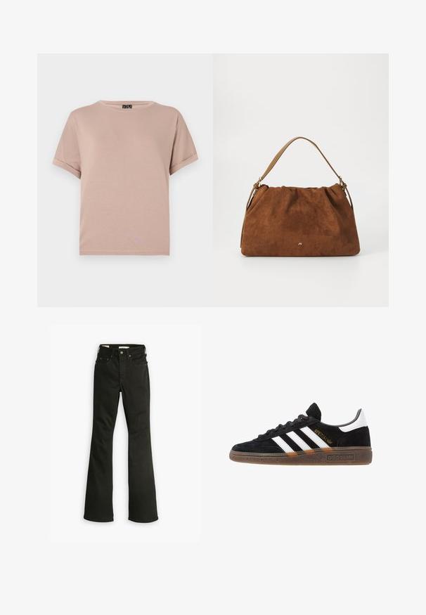 Kortærmet t-shirt med rund hals lavet af blødt, let materiale i en pastelrosa farve. Har oprullede ærmer og en lige kant.; Sorte flared jeans lavet af denim. Har et klassisk fem-lomme design med lynlås, kraftig syning og en ren kant.; Sort Adidas sneakers med hvide striber, guld "Spezial" tekst, gummisål og hvid hælflap, vist i profil.; Brun ruskind handbag med en samlet design, der har en enkelt tan læderstrop og en subtil guld logo detalje på fronten.