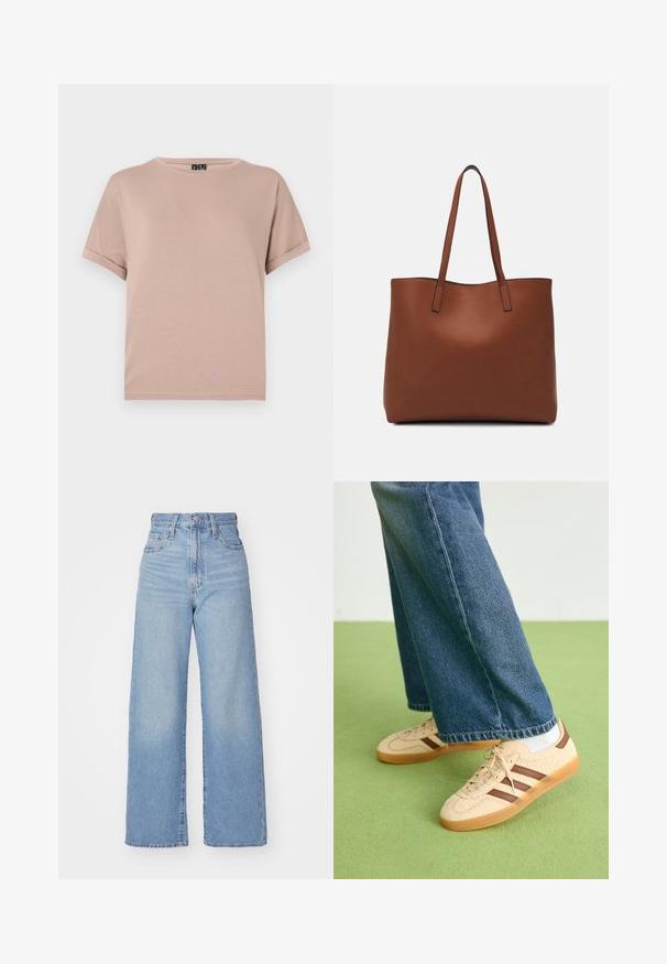 T-shirt de manga curta, com decote redondo, feito de um tecido leve e suave na cor rosa pastel. Apresenta mangas enroladas e uma bainha reta.; Jeans de cintura alta e perna larga em azul claro, com fecho frontal de botão e zíper, bolsos frontais e traseiros, sobre um fundo branco.; Tenis bege com painéis texturizados em creme e riscas castanhas, combinados com jeans de ganga azul. Os jeans têm um corte largo e uma bainha desfiada.; Bolsa tote de couro castanho com uma textura suave, design de abertura superior e duas alças para o ombro. Apresenta costura mínima e sem hardware visível.