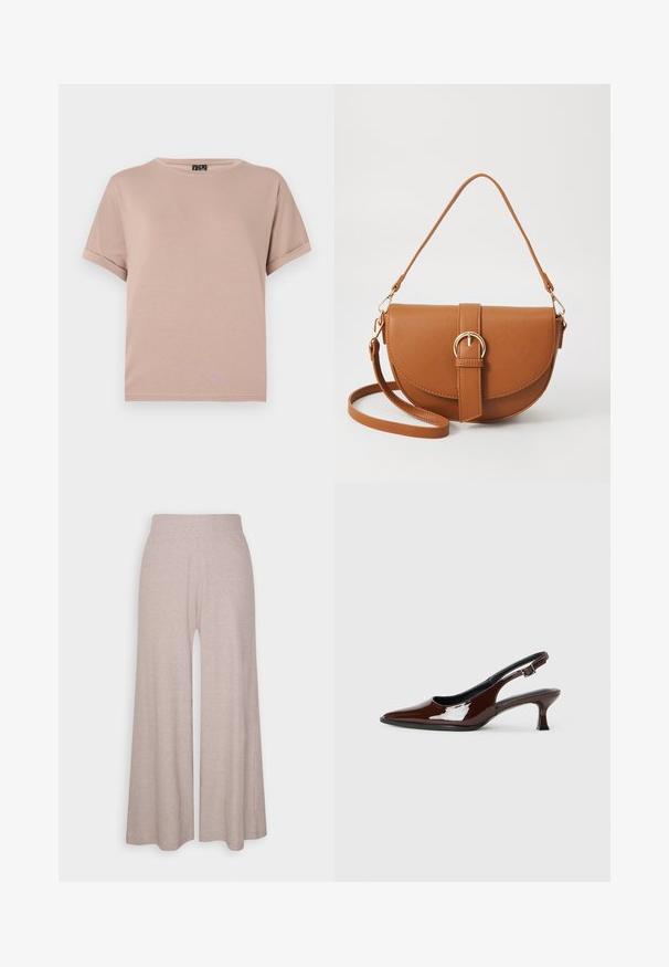 Tričko s krátkým rukávem a kulatým výstřihem vyrobené z měkké, lehké látky v pastelově růžové barvě. Má ohrnuté rukávy a rovný lem.; Světle šedé široké kalhoty vyrobené z měkké jemně žebrované látky, s vysokým pasem a dlouhými nohavicemi s jemnou texturou.; Hnědé lakované kožené slingback boty s špičatou špičkou a mírným podpatkem. Disponují přezkou pro bezpečné upevnění. Hladký povrch.; Hnědá kožená křížová taška s zakřiveným tvarem, zlatými detaily a akcentem s přezkou. Obsahuje odnímatelný popruh na rameno.