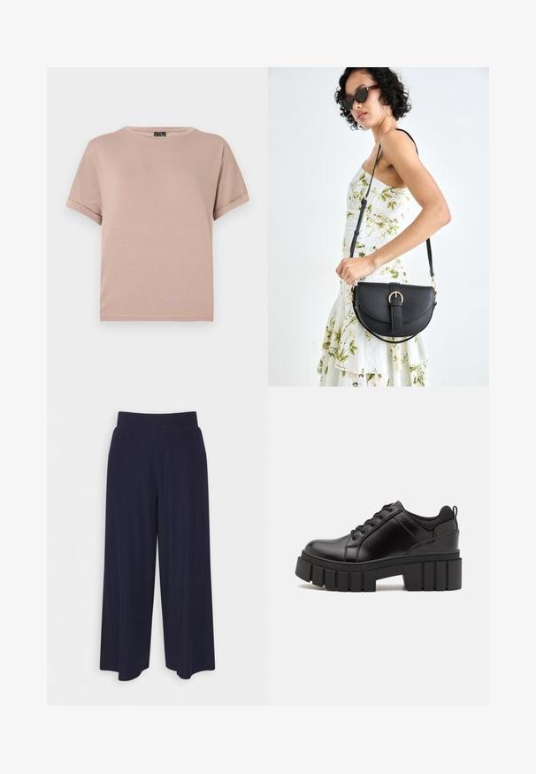 T-shirt z krótkim rękawem i okrągłym dekoltem, wykonany z miękkiego, lekkiego materiału w pastelowym różowym kolorze. Posiada podwinięte rękawy i prosty dół.; Spodnie o szerokich nogawkach w ciemnonawiwowym materiale z rdzeniowym wzorem. Posiadają gładki pas i luźny krój, sięgający do połowy łydki.; Czarne skórzane buty na platformie z masywnym słupkowym obcasem, okrągłym noskiem i klasycznym sznurowaniem. Posiadają gładką teksturę i minimalne wykończenia.; Czarna skórzana torebka o zakrzywionym kształcie, z odpinanym paskiem i złotymi akcentami. Torebka posiada klapę z zapięciem w kształcie klamry.