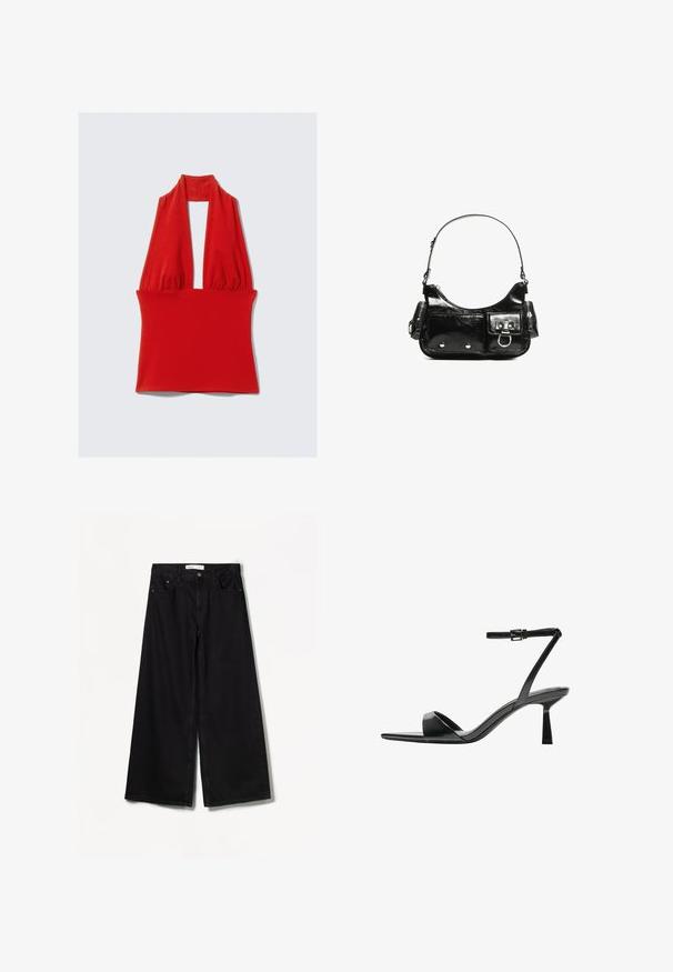 Roter Haltertop aus dehnbarem Material, mit einem tiefen V-Ausschnitt und gerafftem Design am Hals und der Taille, mit einer glatten Textur.; Bershka WIDE-LEG - Wide Leg - black; Bershka High Heel Sandalette - black; Schwarze Lackleder-Handtasche mit geschwungenem Design, einem Schulterriemen, Vordertaschen und silberfarbenen Hardware-Akzenten.