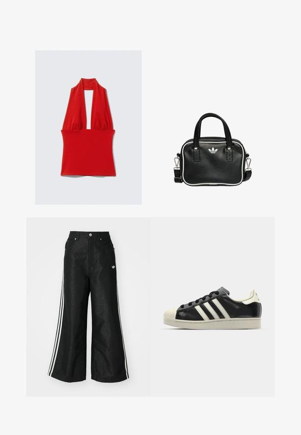 Red halter top made of stretchy fabric, featuring a deep V-neck and gathered design at the neck and waist, with a smooth texture.; Black wide-leg denim pants with three white stripe accents on each side and a small white logo. Features front pockets and a button closure.; Black leather sneaker with white stripes, rubber toe cap, black laces, and a cream-colored outsole. Smooth texture with shiny finish.; Black leather handbag with two short handles, silver hardware, white accents, and a white logo. Features a textured surface and compact design.