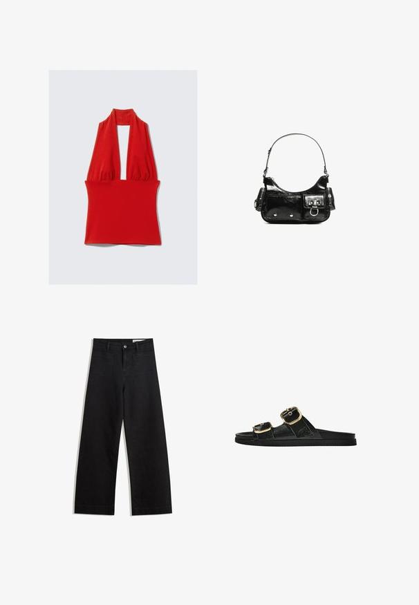 Červený top na zavazování za krk vyrobený z elastické látky, s hlubokým výstřihem do V a nařaseným designem u krku a v pase, s hladkým povrchem.; Černé denimové kalhoty s volným střihem a vysokým pasem, vybavené předními a zadními kapsami, prošívanými švy a knoflíkovým zapínáním. Hladká textura.; Černé kluzné sandály s dvěma zlatými sponami, hladkým texturovaným materiálem, plochou podrážkou a minimalistickým designem.; Černá lakovaná kožená kabelka s křivkovým tvarem, jedním ramenním popruhem, předními kapsami a stříbrnými kovovými detaily.