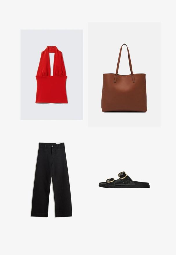 Piros, pánt nélküli felsőrész rugalmas anyagból, mély V-nyakkivágással és gyűrött dizájnnal a nyaknál és a deréknál, sima felülettel.; Fekete, bő szabású farmernadrág magas derékkal, elülső és hátsó zsebekkel, varrott felületekkel és gombos záródással. Sima textúra.; Fekete csúszó szandál, két arany csattal, sima textúrájú anyagból, lapos talppal és minimalista dizájnnal.; Barna bőr vászontáska sima textúrával, nyitott tetejű dizájnnal és két vállpánttal. Minimális varrással és látható hardver nélkül készült.