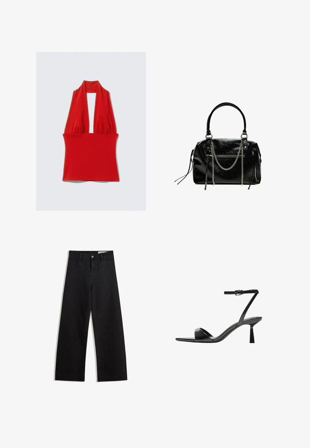 Röd halterneck-top i stretchy material, med en djup V-ringning och samlad design vid nacke och midja, med en slät textur.; Svarta vida denimbyxor med hög midja, med fram- och bakfickor, sydda sömmar och knappstängning. Slät textur.; Bershka Sandaletter - black; Bershka WITH CHAIN - Handväska - black