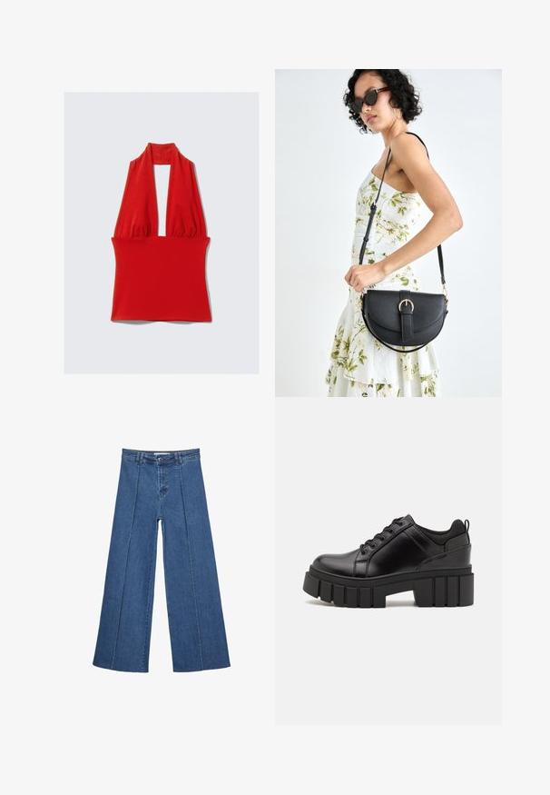 Haut à bretelles rouge en tissu extensible, présentant un décolleté en V profond et un design froncé au niveau du cou et de la taille, avec une texture lisse.; Jeans en denim à jambes larges de couleur bleu moyen, présentant une taille haute, une fermeture à bouton et des détails de couture verticaux contrastants à l'avant.; Chaussures à plateforme en cuir noir avec un talon bloc épais, bout rond et un design traditionnel à lacets. Elles présentent une texture lisse et un détail minimal.; Sac à main en cuir noir avec une forme courbée, bandoulière amovible et des accessoires en or. Le sac est doté d'un rabat avec un détail de boucle.