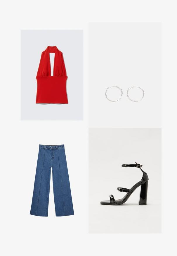 Red halter top made of stretchy fabric, featuring a deep V-neck and gathered design at the neck and waist, with a smooth texture.; Wide-leg denim jeans in medium blue, featuring a high waist, button closure, and contrasting vertical seam details along the front.; Black patent heeled sandals with a square toe, ankle straps, and silver buckles. Features a chunky block heel for stability.; Silver hoop earrings with a sleek, round design, featuring a smooth surface and no visible embellishments. Diameter not specified.