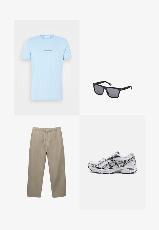 Světle modré bavlněné tričko s krátkými rukávy a kulatým výstřihem. Na hrudi je uprostřed nápis "Buongiorno" tmavě modrou barvou.; Beige bavlněné kalhoty s elastickým pasem a nastavitelnou šňůrkou. Rovný střih s bočními kapsami a hladkým povrchem.; Bílé sportovní boty s vrchní částí z síťoviny, černými akcenty a stříbrnými detaily. Mají polstrovanou podrážku a šněrovací design pro podporu.; Černé obdélníkové sluneční brýle s tmavými čočkami, matným povrchem a detaily loga na stranici. Design má rovné hrany a silné rámy.; Stříbrné nerezové hodinky s kulatým bílým ciferníkem, černým tachymetrickým rámečkem, zelenými akcenty a kovovým náramkem.