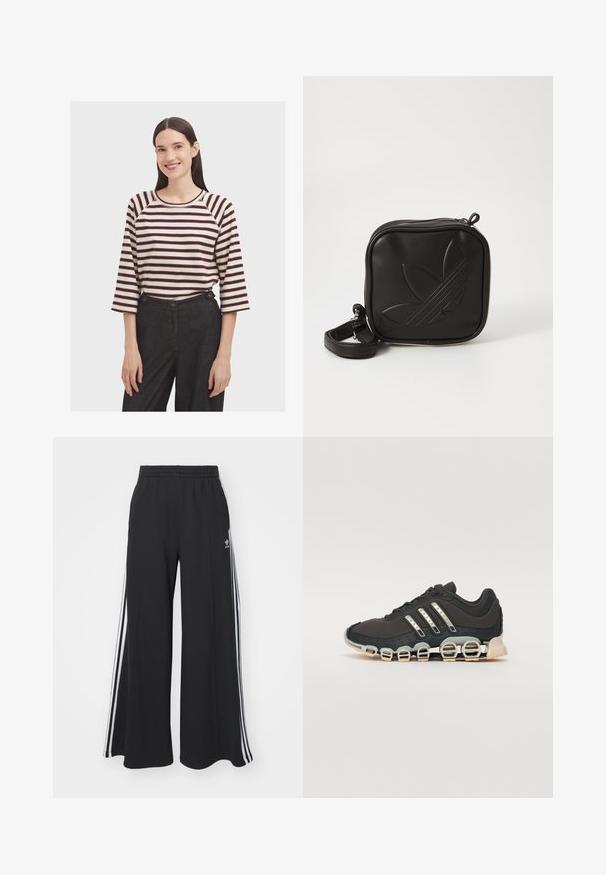 Stribet langærmet top i creme med burgundy striber; har en rund halsudskæring og raglanærmer. Sammen med høj talje mørke bukser.; Sorte brede sweatpants med elastisk talje, med hvide sidelommer og et broderet logo på venstre lår.; Sort træningssko med en tekstureret overdel, tre sølvstriber og en karakteristisk støttende sål med flere integrerede sektioner.; Sort kvadratisk crossbody taske lavet af tekstureret syntetisk materiale. Har et prægede logo design og justerbar strop. Lynlåslukning.