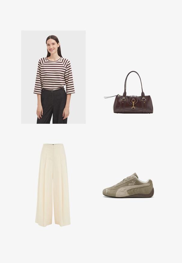 Gestreepte langetermijn top in crèmekleur met bordeauxrode strepen; heeft een ronde halslijn en raglanmouwen. Gecombineerd met donkergekleurde hoge taillebroek.; Brede broekspijpen in een lichtbeige stof, met een geplooide voorkant, hoge taille en een zachte textuur. Geen zichtbare hardware of patronen.; Suède sneakers in lichtbruin met donkere accenten, voorzien van een laag profiel ontwerp, vetersluiting en een gemerkte logo aan de zijkant.; Donkerbruine leren handtas met twee bovenhandvatten, vergulde accenten, een sluitingdetail aan de voorkant en gestikte texturen aan de zijkanten.