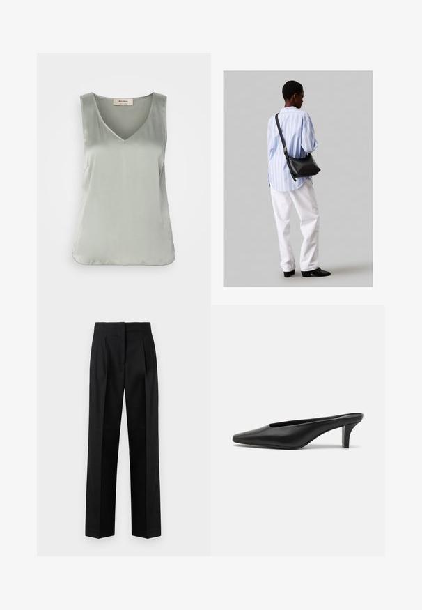 Svetlozelený top bez rukávov z hladkej, saténovej látky. Dizajn s tvarom V, minimálnymi švami a voľným strihom. Jednoduchý a elegantný štýl.; Čierne nohavice z tkaného materiálu, s elegantným strihom a záhybmi, rovný strih a hladký predný diel. Odolná a hladká textúra.; Čierne kožené špicaté muly s nízkym stiletto podpätkom. Hladká textúra, minimalistický dizajn a otvorená zadná časť pre jednoduché obúvanie.; Čierna kožená ramenná taška so mäkkou textúrou, trojuholníkovým tvarom a nastaviteľným popruhom, skombinovaná s svetlomodrou pruhovanou košeľou a bielymi nohavicami.