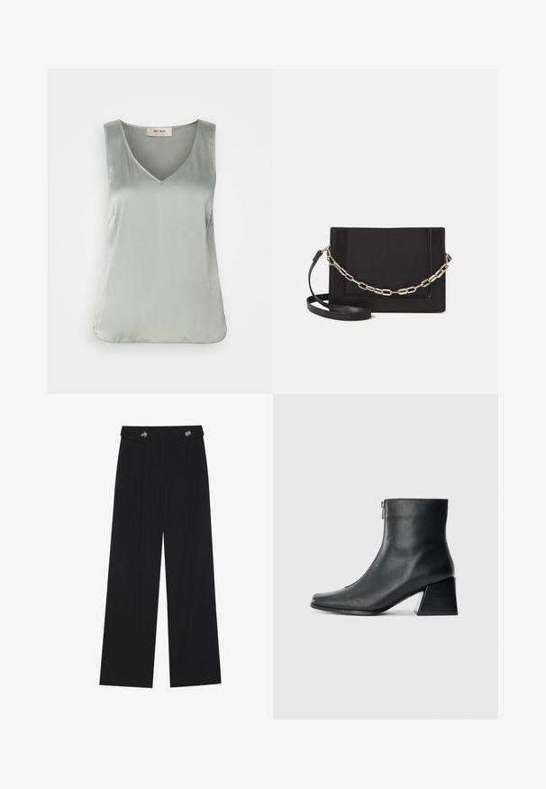 Světle zelený top bez rukávů vyrobený z hladkého, saténovému materiálu. V-neský design s minimem švů a volným střihem. Jednoduchý a elegantní styl.; Černé široké kalhoty s vysokým pasem, detailní knoflíky na pase a přední záhyby.; Černá kožená kotníková bota se čtveratým špičkou, bočním zipem a blokovým podpatkem na jednobarevném světlem pozadí.; Černá kožená crossbody taška s hladkým povrchem, obdélníkovým tvarem a kovovým řetízkem na přední straně. Součástí je nastavitelný popruh.