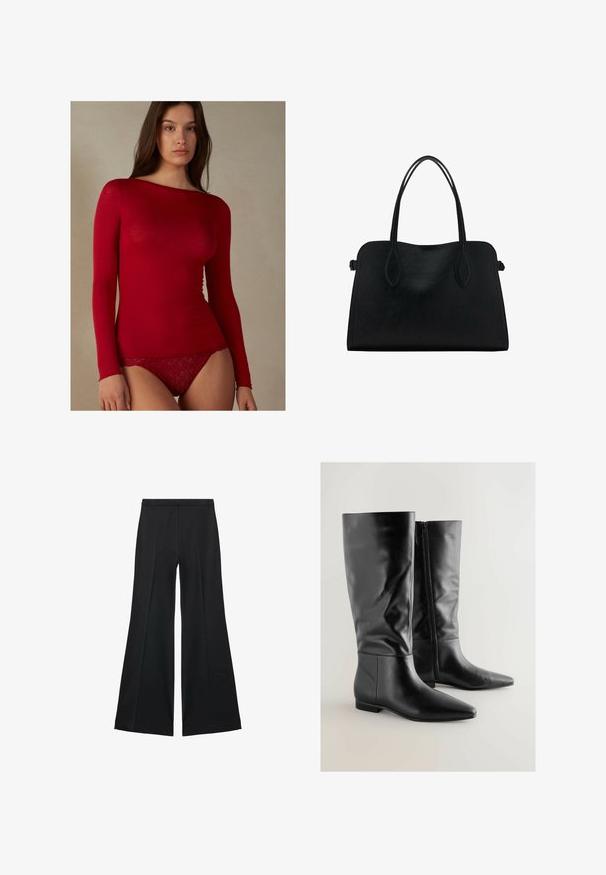 Intimissimi U-BOOT-AUSSCHNITT - Long sleeved top - rosso; Black wide-leg pants with a smooth texture, featuring front pleats and a tailored design. The fabric is lightweight and flowy.; Pair of black knee-high leather boots with pointed toes and side zippers on a light background.; Black leather handbag with dual shoulder straps, rectangular shape, and minimalistic design on a white background.