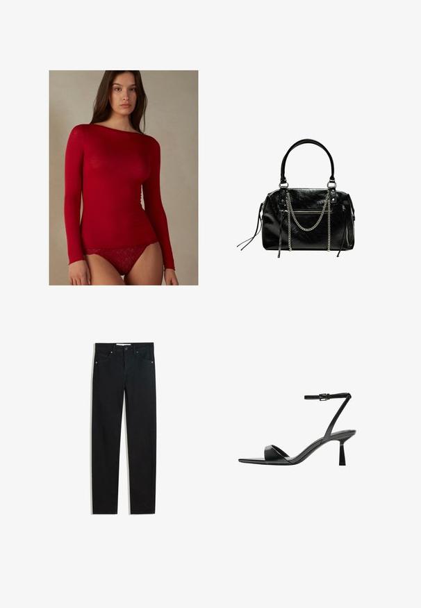 Intimissimi U-BOOT-AUSSCHNITT - Long sleeved top - rosso; Black denim pants with a straight leg design, five pockets, metal button closure, and subtle stitching details. Smooth texture.; Bershka High heeled sandals - black; Bershka WITH CHAIN - Handbag - black