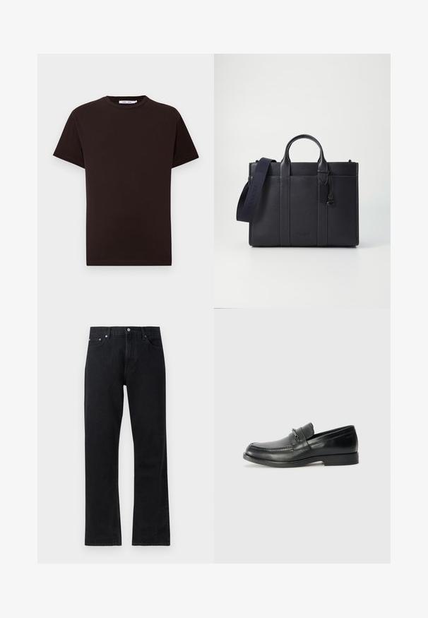 Black cotton t-shirt with a crew neckline, short sleeves, and a straight hem. Smooth texture, casual design, and no visible logos or patterns.; Black denim jeans with a straight-leg design, featuring a button closure, five-pocket style, and subtle stitching details.; Black leather loafers with a rounded toe, featuring a stitched design, a small front strap with hardware detailing, and a flat rubber sole.; Dark navy leather briefcase with dual top handles and a detachable strap. Features textured finish, vertical stitching, and logo detail.