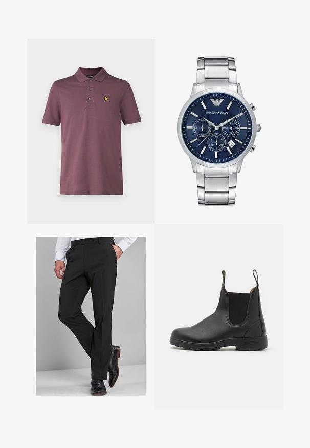 Lyle & Scott Polotričko - highland mauve; Černé společenské kalhoty s dobře padnoucím střihem, vyrobené z hladkého materiálu, s rovnými nohavicemi a poutky na opasek, doplněné o lesklé černé společenské boty.; Černá kožená Chelsea obuv s elastickými bočními panely, poutkem na patě, robustní gumovou podrážkou a prošívanými detaily. Hladký povrch po celém obvodu.; Emporio Armani Hodinky se stopkami - silver-coloured