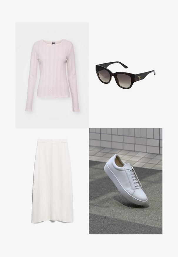 Jasnoróżowa bluzka z długim rękawem, wykonana z teksturowanej dzianiny z pionowymi liniami i wzorami w diamenty. Okrągły dekolt i dopasowany krój.; Biała spódnica w kształcie litery A, wykonana z gładkiego materiału, z wysokim paskiem w talii i długością do podłogi, z subtelnym drapowaniem.; Białe skórzane sneakersy z okrągłym noskiem, płaską podeszwą i sześcioma parami otworów na sznurówki. Gładka faktura i minimalistyczny design z detalami szycia.; Okulary przeciwsłoneczne w kolorze tortoise z dużymi prostokątnymi oprawkami, gradientowymi soczewkami i złotą dekoracją logo na ramieniu. Gładki materiał plastikowy.