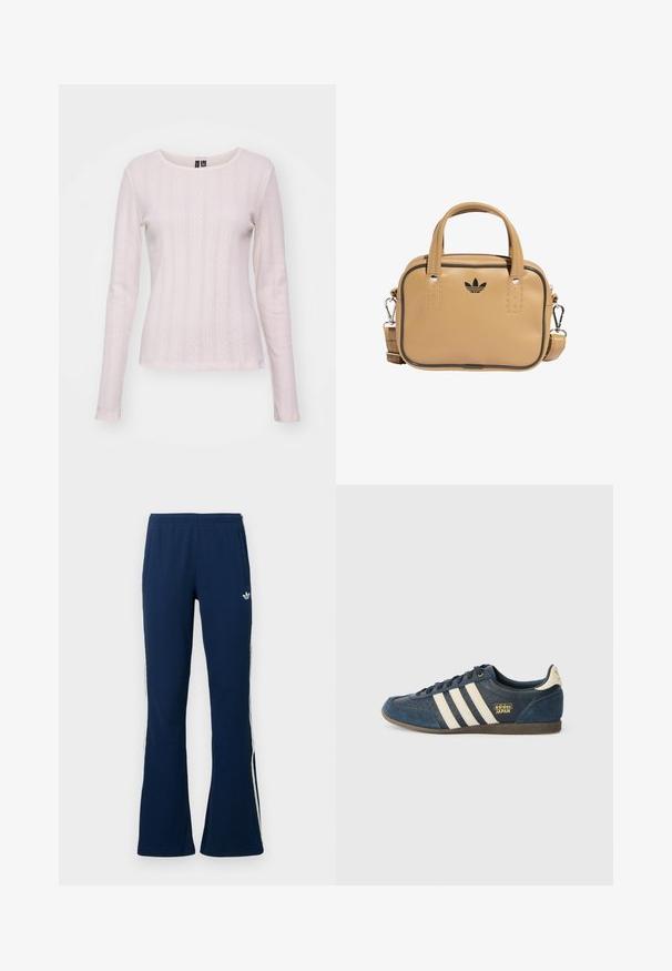 Blusa de manga longa em rosa claro, feita de um tecido de malha texturada com riscas verticais e padrões de diamante. Decote arredondado e silhueta ajustada.; Calças de fato de treino azul-marinho com canelado, boca alargada, riscas brancas laterais e logótipo bordado no lado esquerdo, com dois bolsos laterais.; Sapatilhas de camurça azul-marinho com riscas bege, área do bico texturizada, logótipo dourado "adidas JAPAN" e sola de borracha castanha. Design clássico de cano baixo.; Bolsa de couro vegan bege com duas alças, alça de ombro destacável, costura de destaque preta e um pequeno logótipo preto na parte frontal.