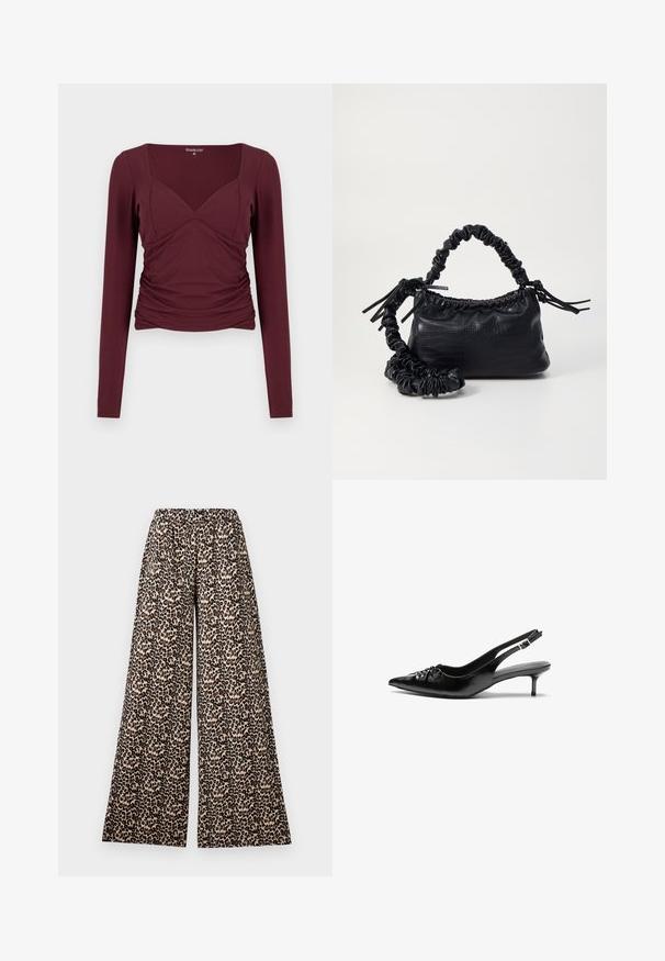 Burgundy long-sleeve top with a square neckline, ruched sides, and a form-fitting design in soft, stretchy fabric.; Wide-leg pants with elastic waistband in beige and brown leopard print pattern against a white background.; Black leather slingback heels with a pointed toe, small kitten heel, and a decorative knot detail on the front. Smooth texture throughout.; Black faux leather handbag with a crocodile texture, cinched top, and a scrunched strap. Appears soft and compact in design.