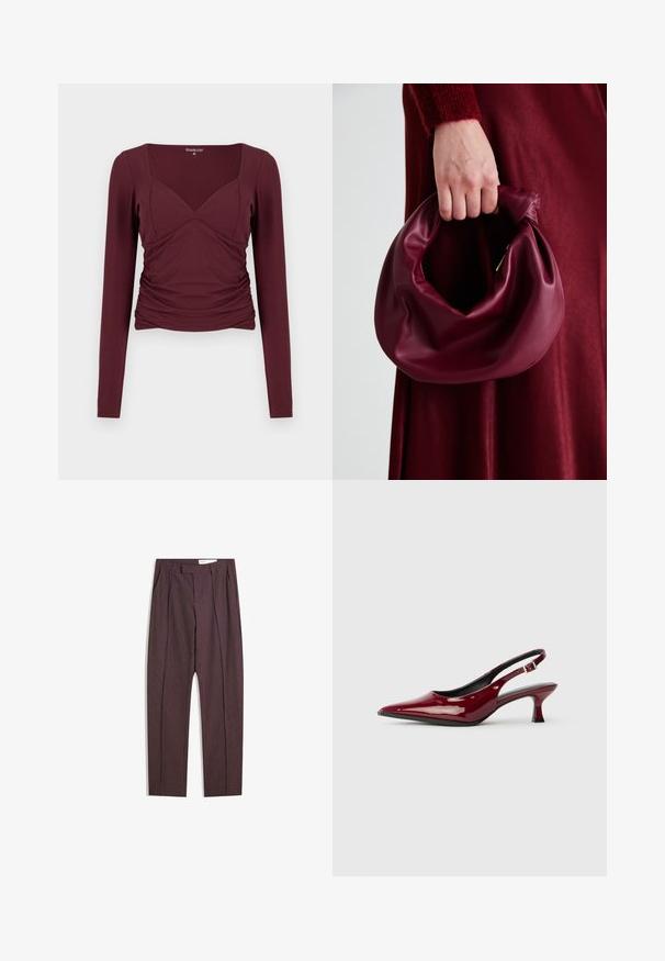Burgundy long-sleeve top with a square neckline, ruched sides, and a form-fitting design in soft, stretchy fabric.; Purple striped trousers with pleats, featuring a high waist and straight-leg design. Made from a smooth, textured fabric.; Burgundy patent leather slingback heels with a pointed toe and a sleek stiletto heel. Open back design with adjustable ankle strap detail.; Burgundy leather handbag with a soft, gathered design and a rounded shape. The handle is secured, showcasing a smooth texture.