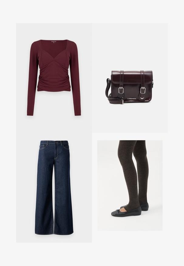 Burgundy long-sleeve top with a square neckline, ruched sides, and a form-fitting design in soft, stretchy fabric.; Wide-leg jeans in dark blue denim. Features contrast stitching, five pockets, and a button closure at the waist. Smooth texture.; Black flat shoes with a small bow detail at the toe, paired with dark brown ribbed tights. Shoes have a smooth texture and low profile.; Burgundy patent leather crossbody bag with a rectangular shape, two straps, silver hardware, and a flap closure.
