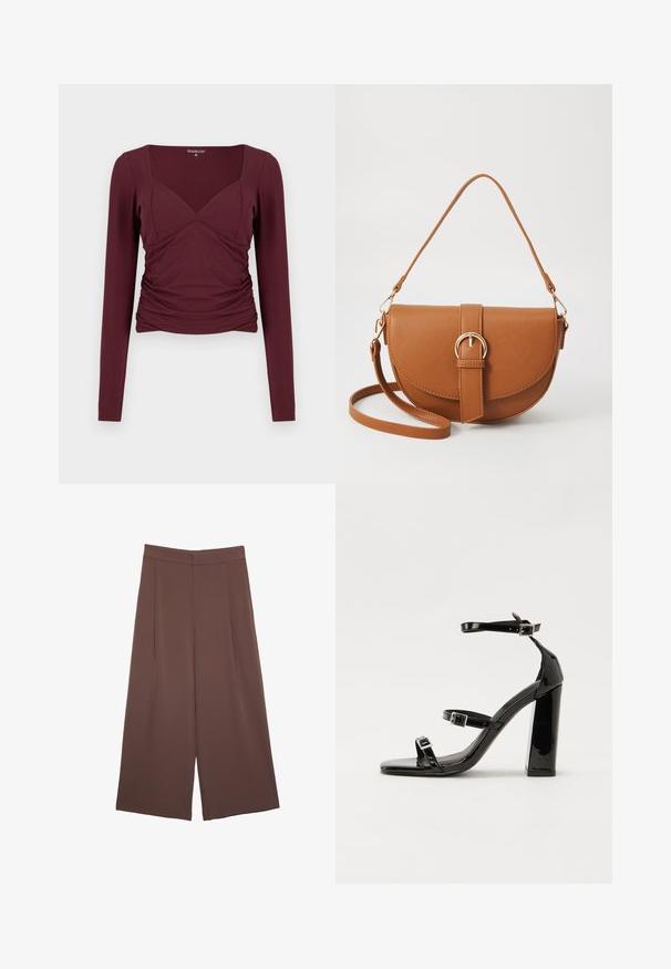 Top bordeaux a maniche lunghe con scollo quadrato, lati arricciati e design aderente in tessuto morbido ed elasticizzato.; Pantaloni ampi marroni con una texture liscia, caratterizzati da una vita alta e pieghe frontali. Il tessuto è leggero e scorre liberamente.; Sandali con tacco in vernice nera, con punta squadrata, cinturini alla caviglia e fibbie in argento. Presentano un tacco a blocco spesso per maggiore stabilità.; Borsa a tracolla in pelle marrone con forma curvata, hardware dorato e un dettaglio con fibbia. Presenta una tracolla rimovibile.